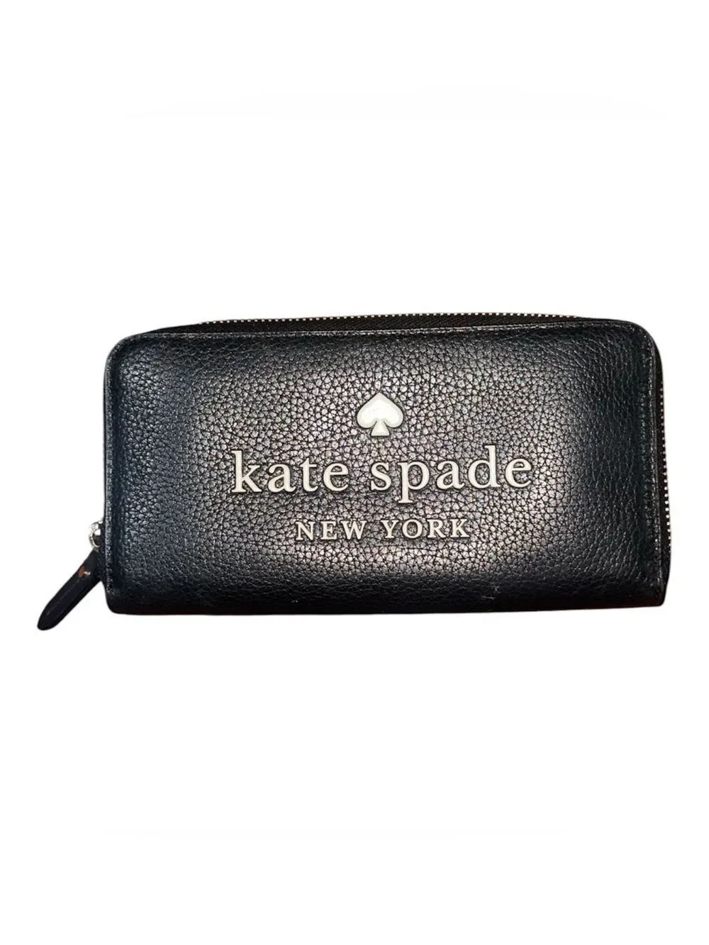 kate spade Black Pebbled Leather Zip-Around Wallet with Silver Logo